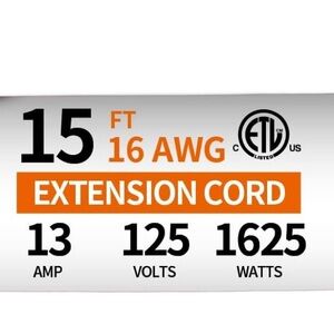 15ft 16AWG Outdoor Extension Cord, Indoor/Outdoor 15-Foot SJTW 16/3 Gauge Extens